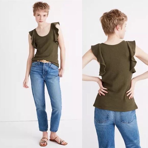 Madewell Ruffle-Sleeve‎ Tank Top in Olive Green - Picture 1 of 7